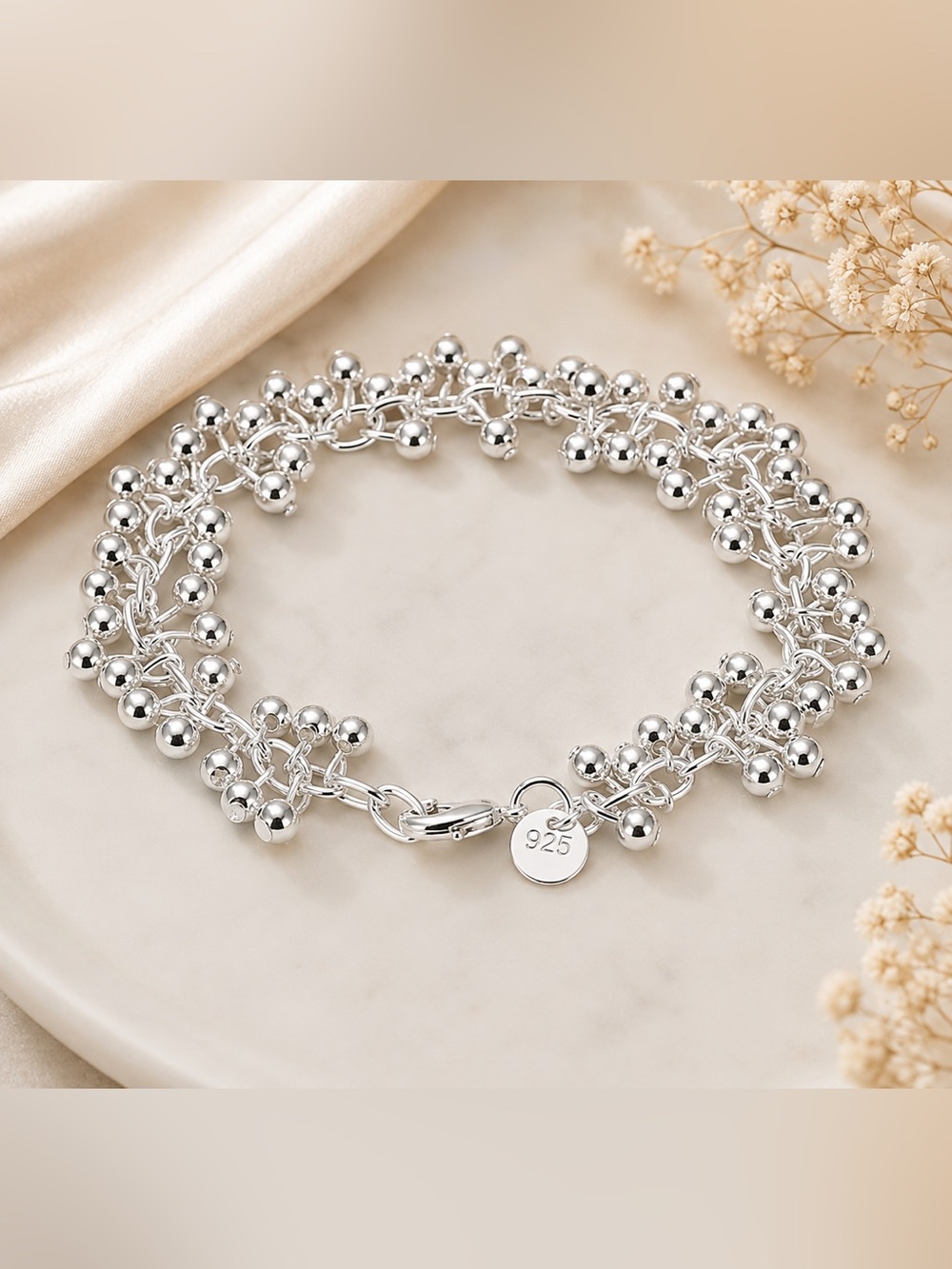 Sterling Silver 925 Beaded Chain Bracelet - Silver